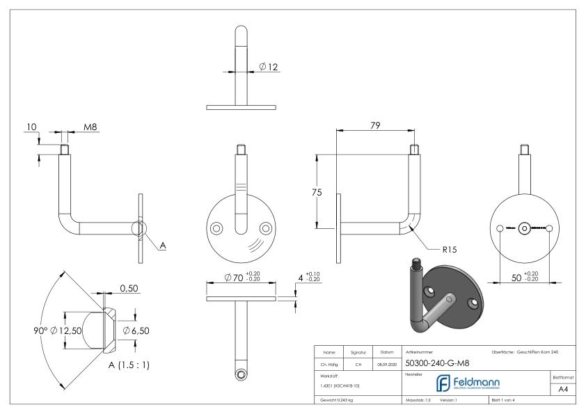 Handlaufhalter mit oben Außengewinde M8 (Ronde und Bügel verschraubt), V2A