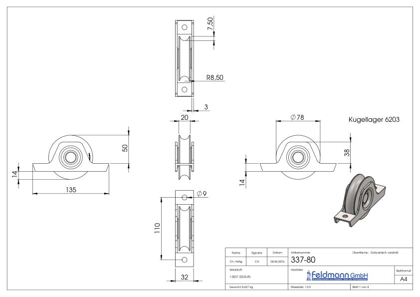 Schiebetorrolle 78mm mit Rundrille 15mm