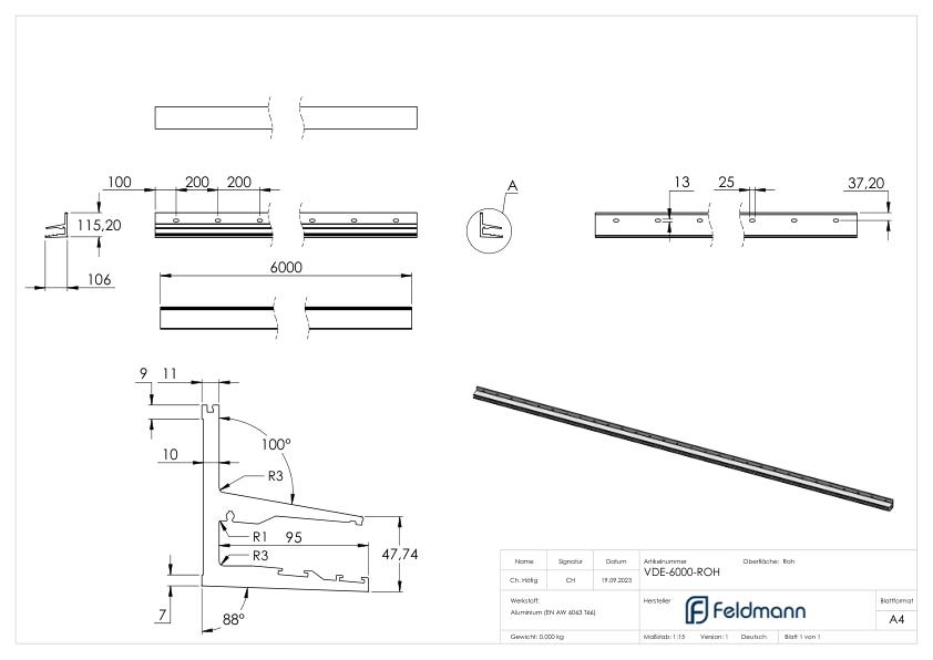 Vordachprofil eleganza canopy, L: 6000mm, roh Vordachprofil eleganza canopy, L: 6000mm, roh