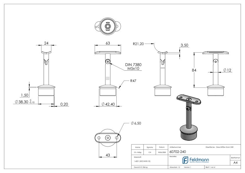Rohrabschlussstopfen für Rohr 42,4x2,0mm, Handlaufanschlussplatte: 42,4mm, V2A