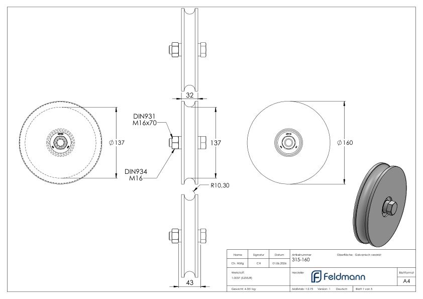 Schiebetorrolle mit Rundrille, Ø 160mm, für Schiene Ø 20mm, 2 Kugellager, verzinkt