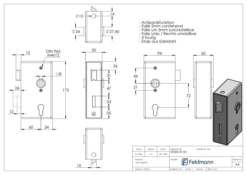 Anti-Panikschloss mit Schlosskasten 50 x 94 x 172mm, mit Wechselfunktion E, DIN R & L