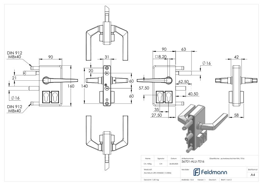 Gittertorschloss GTS 2 mit Doppelzylinder für Rohrstärke 40-60mm, Gehäuse RAL 7016
