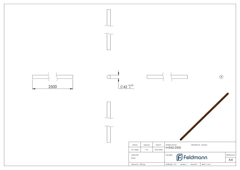 Holzhandlauf Eiche, Ø 42,4mm, L: 2,5m