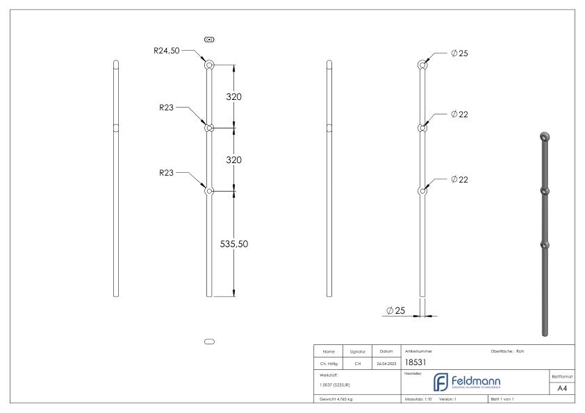 Pfosten aus 25mm rund, H: 1200mm, 3x gelocht