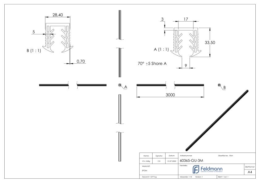 Keildichtung Glas 10,00 – 13,52mm, für Nut 27x30mm, 3m