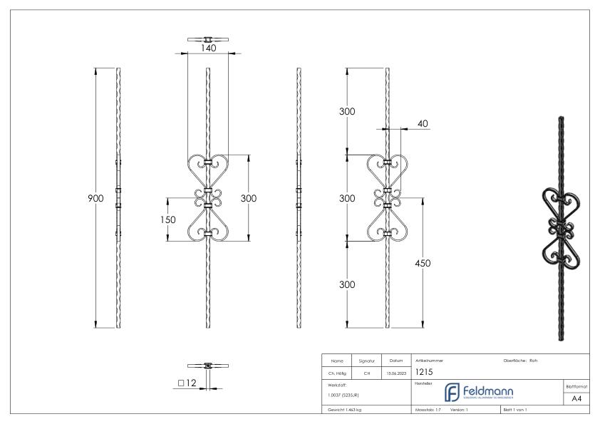 Zierstab 12x12mm, gehämmert, H: 900mm