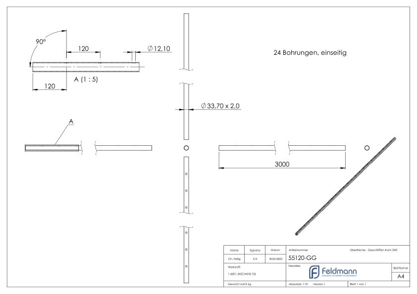 Edelstahlrohr ger. gelocht, 33,7x2,0mm, L: 3000mm, V2A