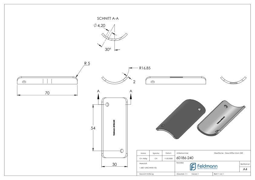 Handlaufanschlussplatte, 33,7mm, V2A