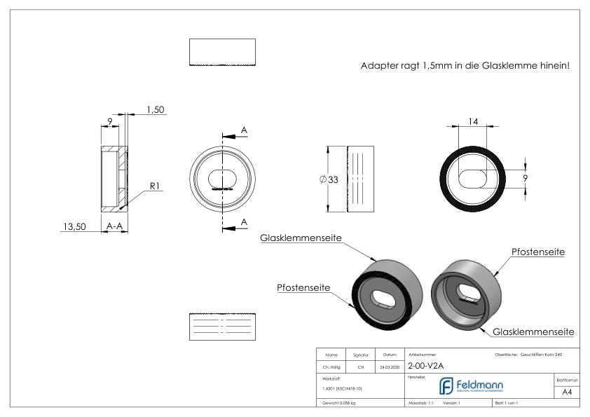 Adapterstück für geraden Anschluss, V2A