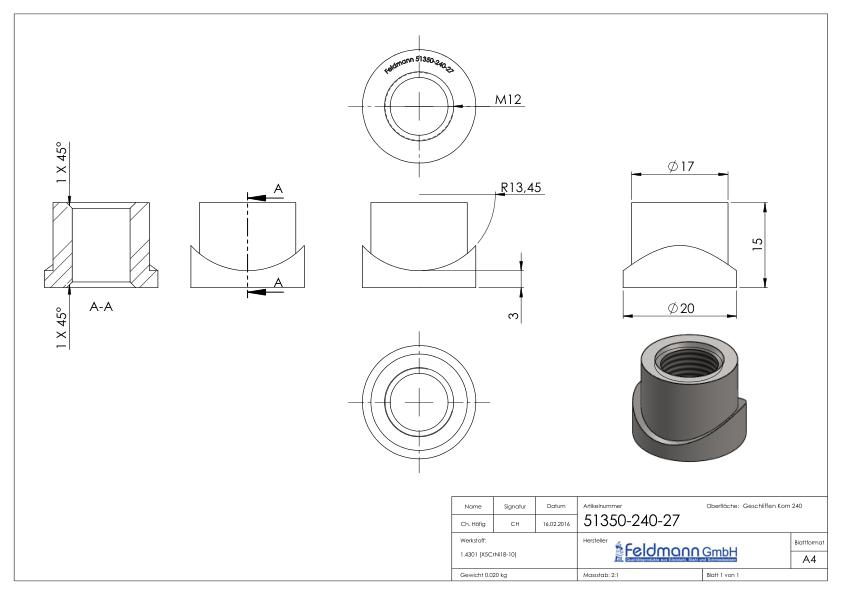 Gewindehülse, passend zu Torband 120-M12-VA, für Rohr 26,9mm, V2A