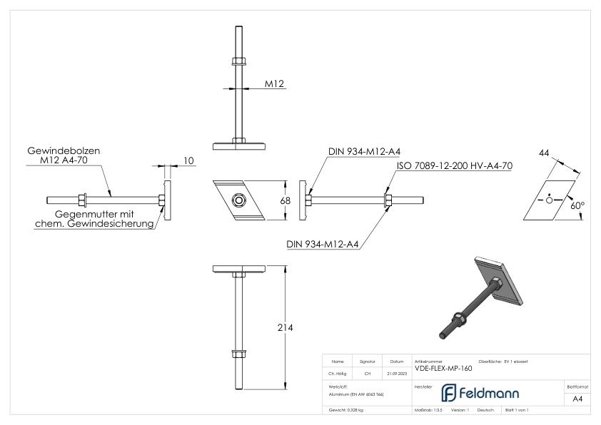 Montage-Platte für Montage-System FLEX:MOUNT PRO, für Dämmblock 160mm, L=214mm