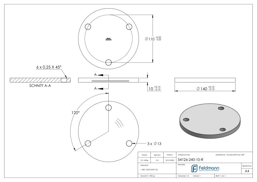 Ankerplatte Ø 140x10mm, mit Rundschliff, V2A