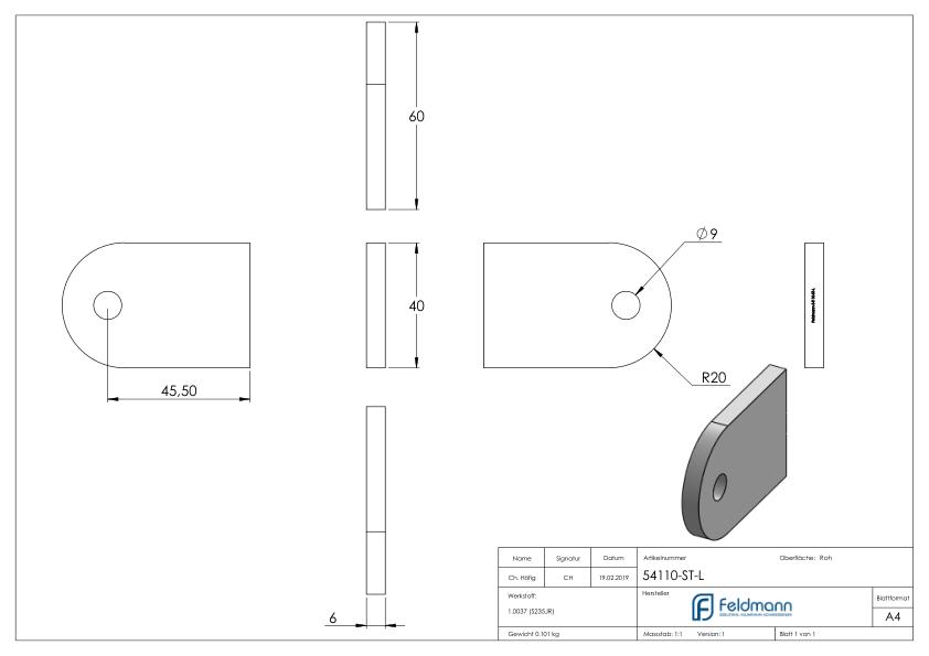Anschweißlasche 60x40x6mm mit Rundloch 9mm