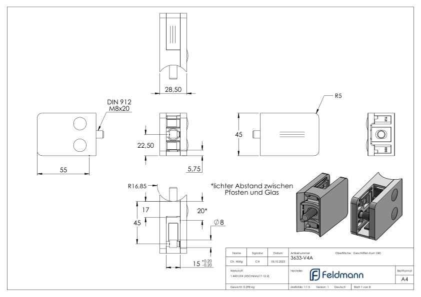 Glasklemme Mod. 36, Anschluss: 33,7mm, in V4A