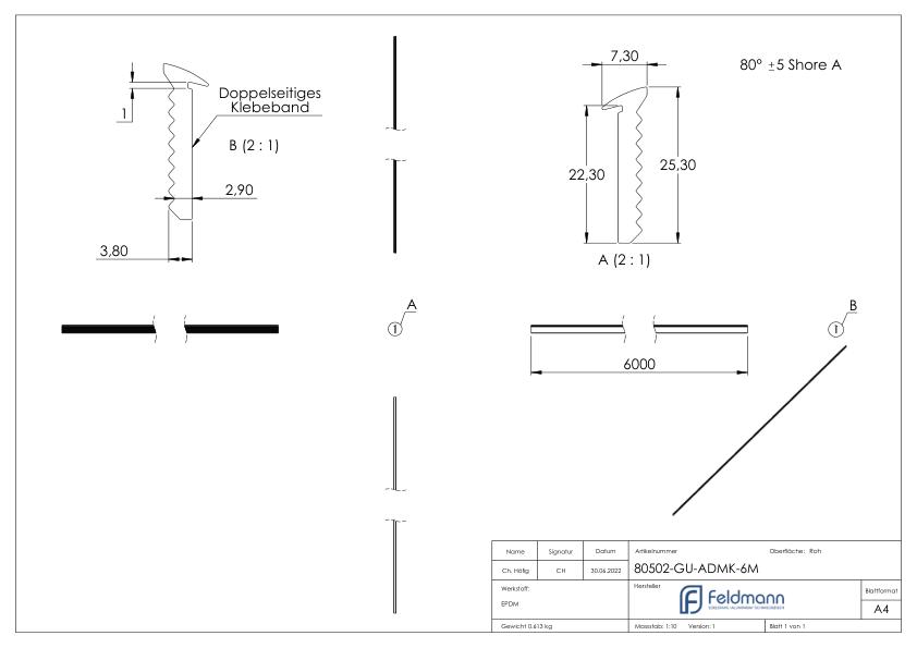 Abschlussdichtung oben, EPDM 80 shore, Länge 6m, schwarz