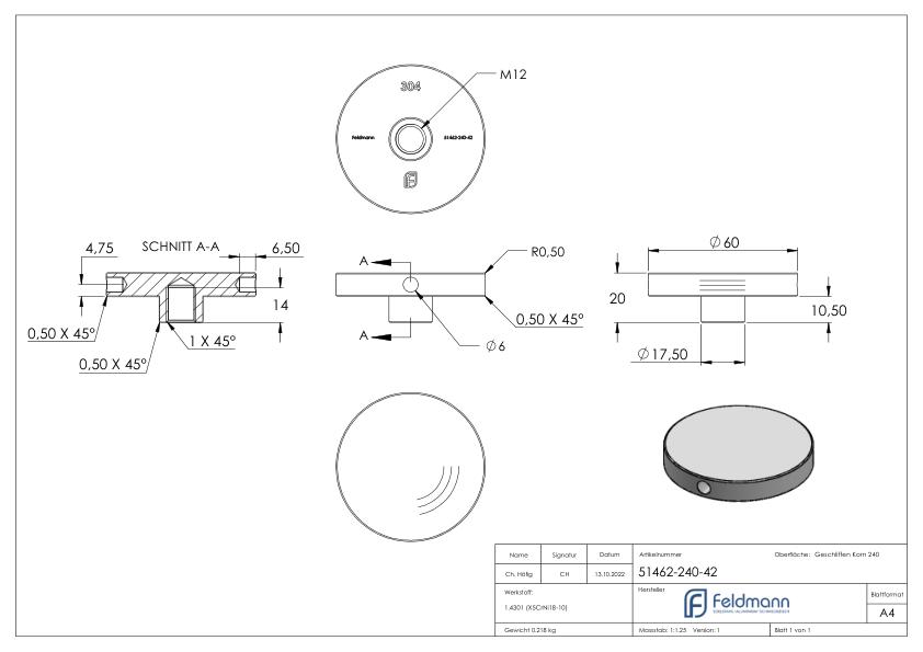 Schraubplatte Ø 60mm mit M12 Gewinde, V2A Schraubplatte Ø 60mm mit M12 Gewinde, V2A
