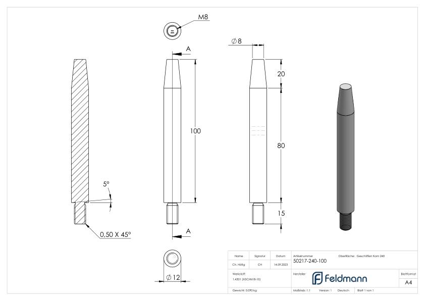 Stift Ø 12mm, L: 100mm, abgedreht, V2A