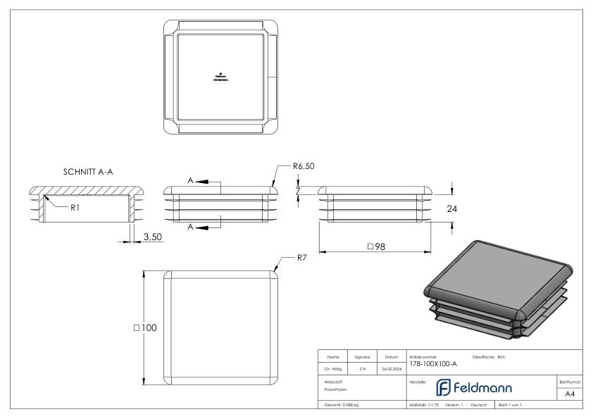 Kunststoffkappe für Quadratrohr 100x100mm