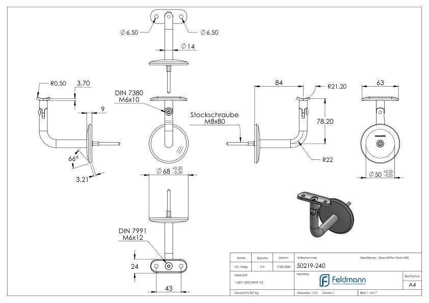 Handlaufhalter mit Gelenk, Handlaufanschlussplatt 42,4mm, V2A