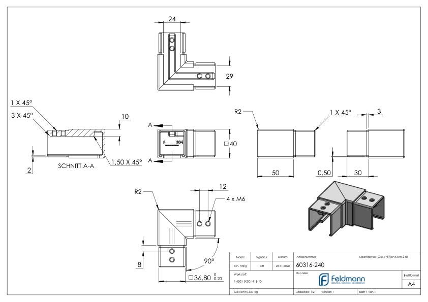 Eckbogen, horizontal, für Nutrohr 40x40mm, V2A