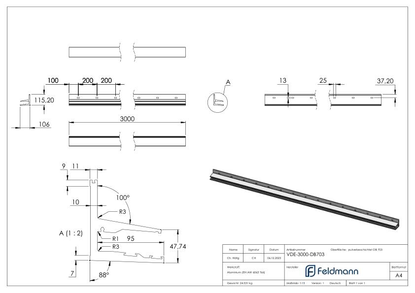 Vordachprofil eleganza canopy, L: 3000mm, DB703