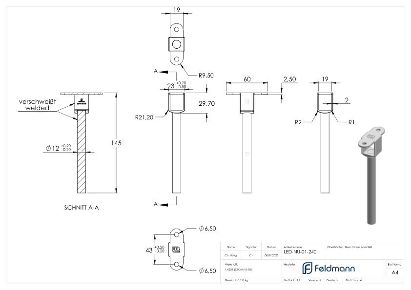 Stift mit Anschlussplatte für LED-Handlauf, voll, V2A