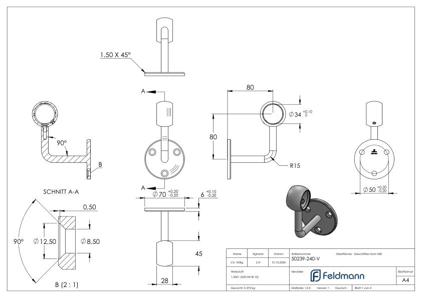 Handlaufhalter mit Kugelring für Rohr 33,7mm (Ronde und Bügel verschweißt), V2A