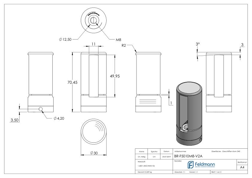 Brenk Grundhalter für Flachstäbe 50x10mm, V2A