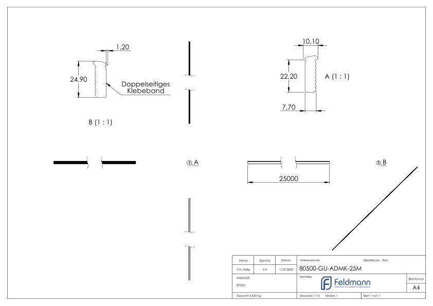 Abschlussdichtung oben, EPDM 80 shore, Länge 25m, schwarz