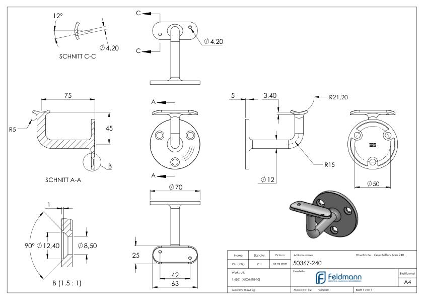 Handlaufhalter mit Handlaufanschlussplatte 42,4mm, (Ronde und Bügel verschweißt), V2A