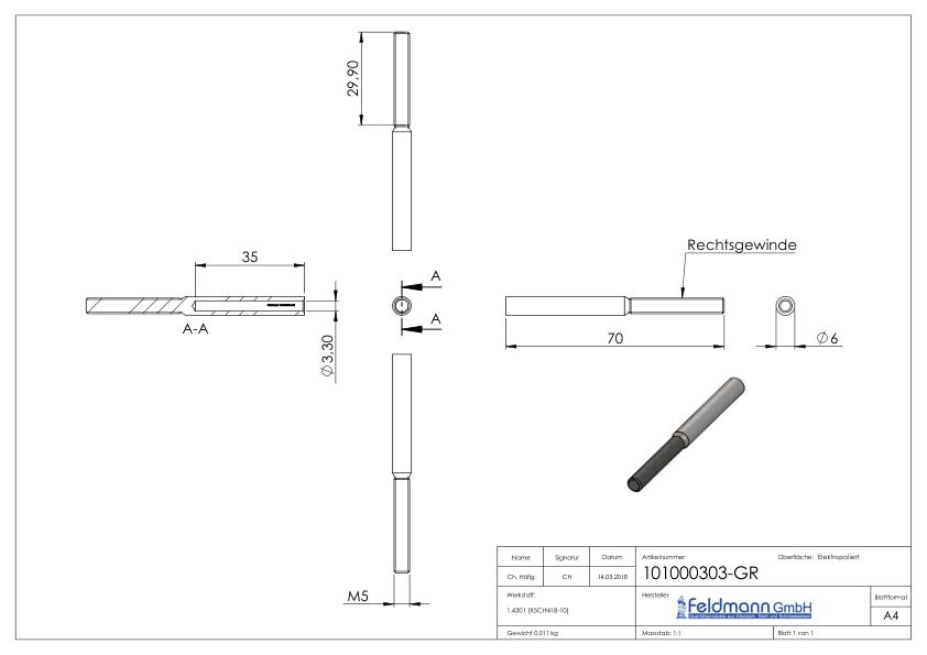 Gewindeterminal für Seil 3mm, V2A