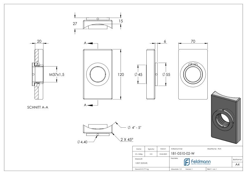 Montageplatte für RR eckig 70x120mm