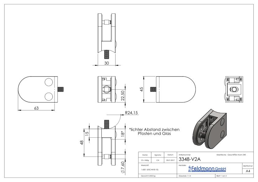 Glasklemme Mod. 33, Anschluss: 48,3mm, in V2A Glasklemme Mod. 33, Anschluss: 48,3mm, in V2A