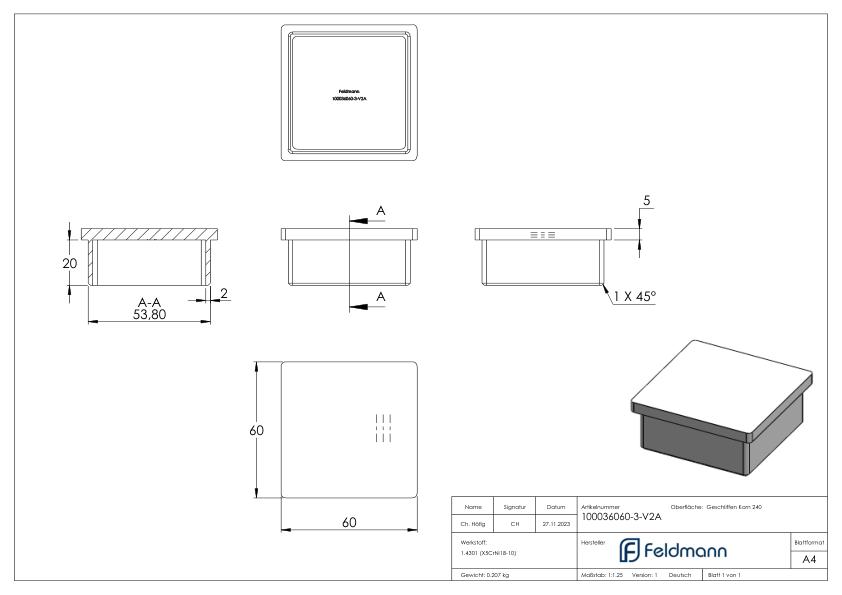 Einsteckkappe, für Rohr 60x60x3,0mm, V2A