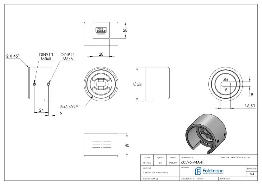 Wandbefestigung für Nutrohr 48,3mm, rechts, V4A