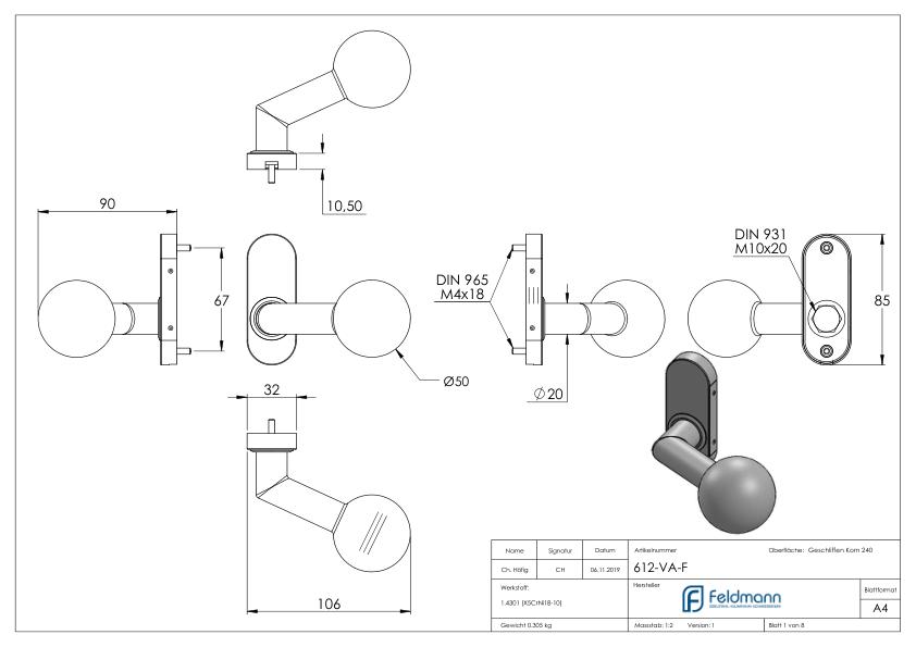 Drückerknopf, Ø 50mm, fest, V2A Drückerknopf, Ø 50mm, fest, V2A