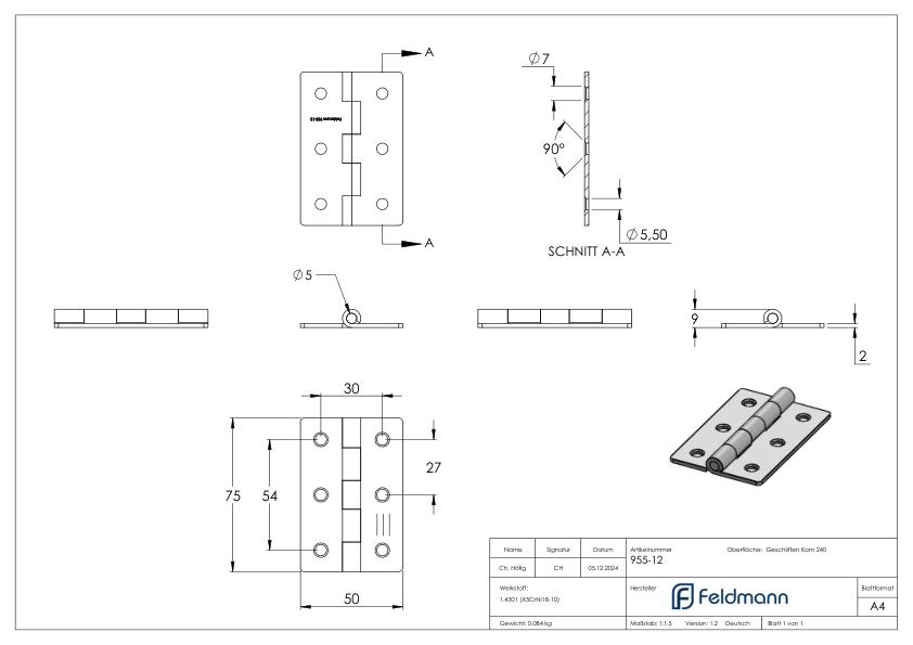 Edelstahl-Scharnier 75x50mm mit festem Zapfen