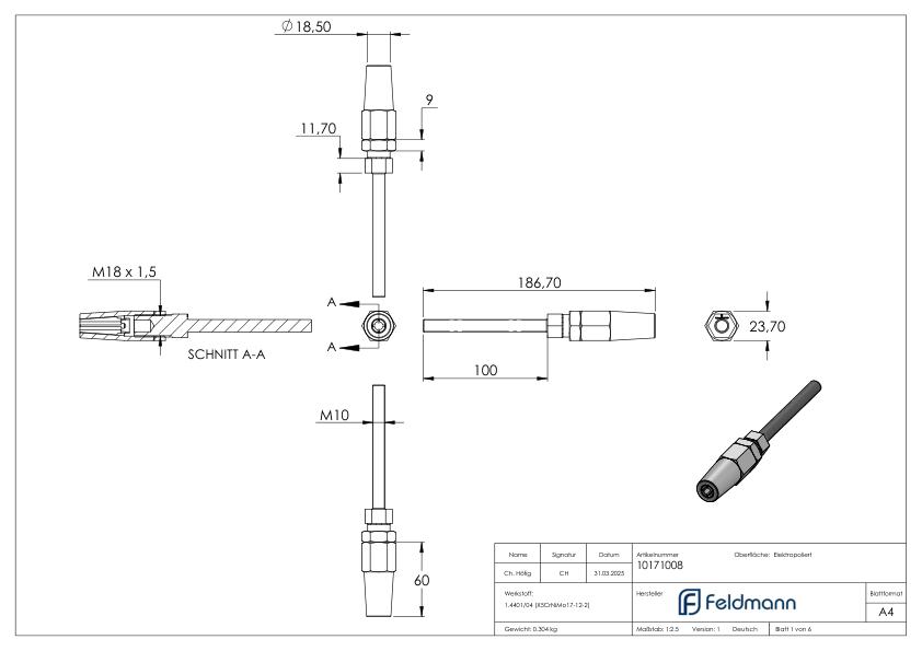 Gewindeterminal zur Selbstmontage für Seil Ø 8mm und Gewinde M10, V4A