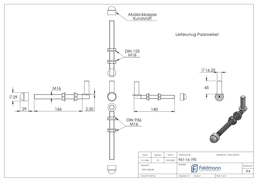 Kloben zum Durchschrauben für Ø 16mm, L: 190mm