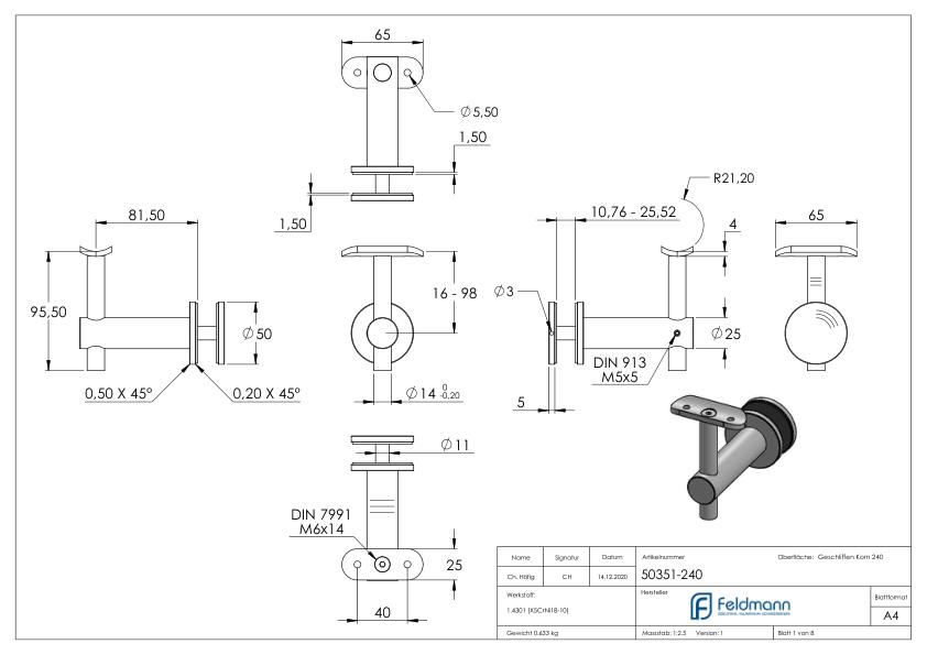 Handlaufhalter für Glas, Handlaufanschlussplatte 42,4mm, V2A