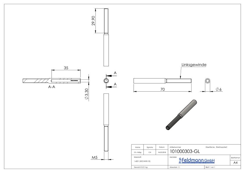 Gewindeterminal für Seil 3mm, V2A