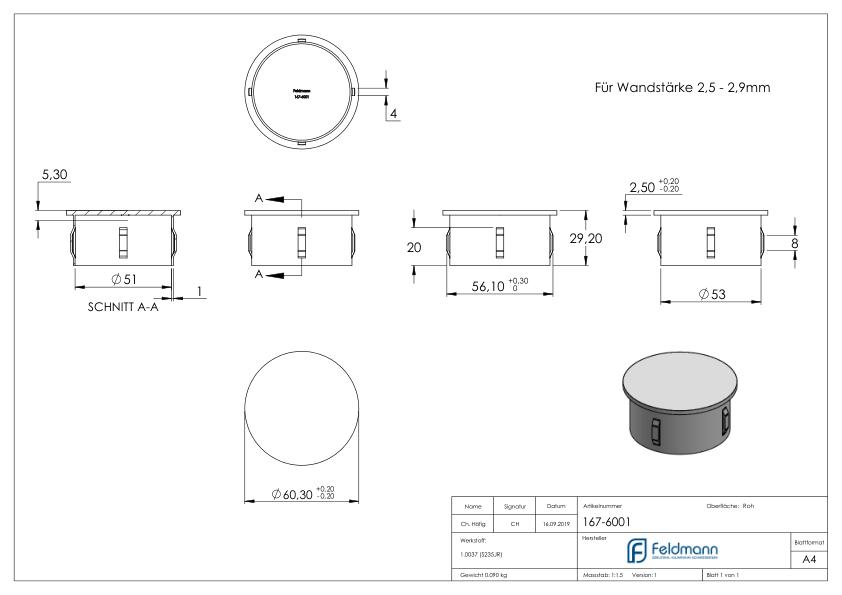 Stahleinschlagkappe, für Rohr 60,3mm