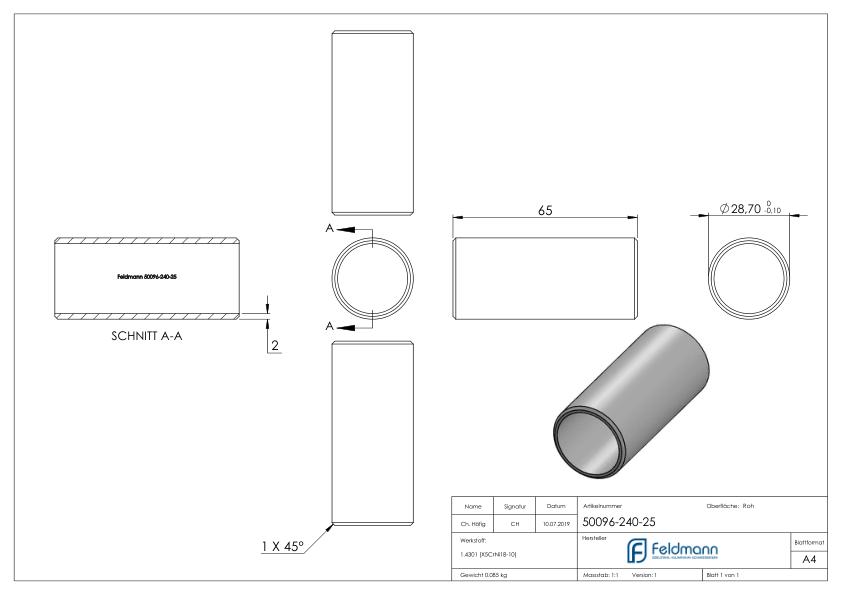 Verbindungsstück für Rohr 33,7x2,5mm, V2A