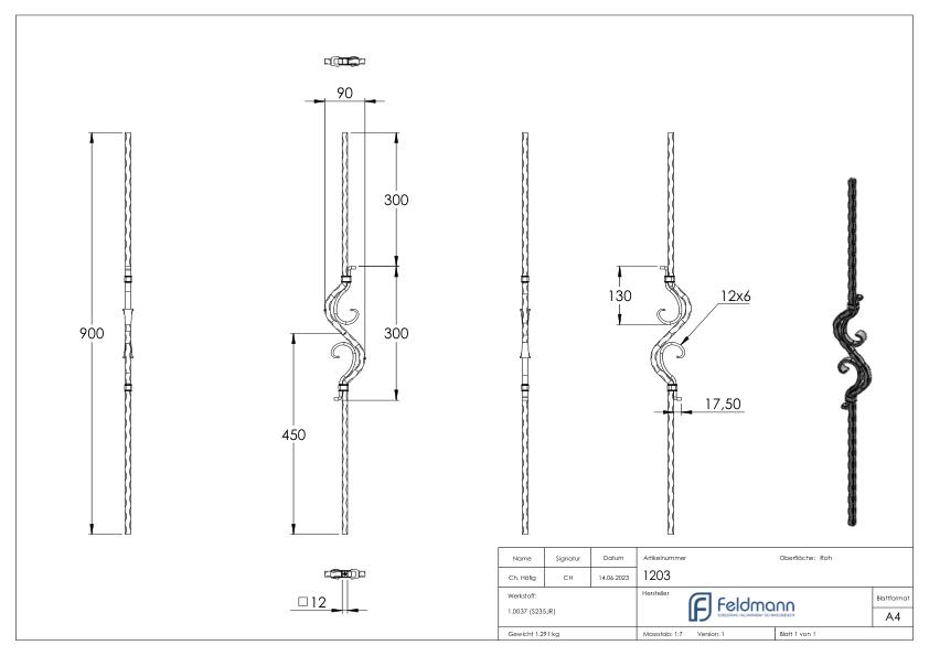 Zierstab aus 12x12mm, gehämmert, H: 900mm