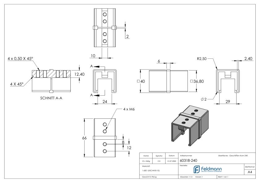 Rohrverbinder für Quadratnutrohr 40x40mm, V2A