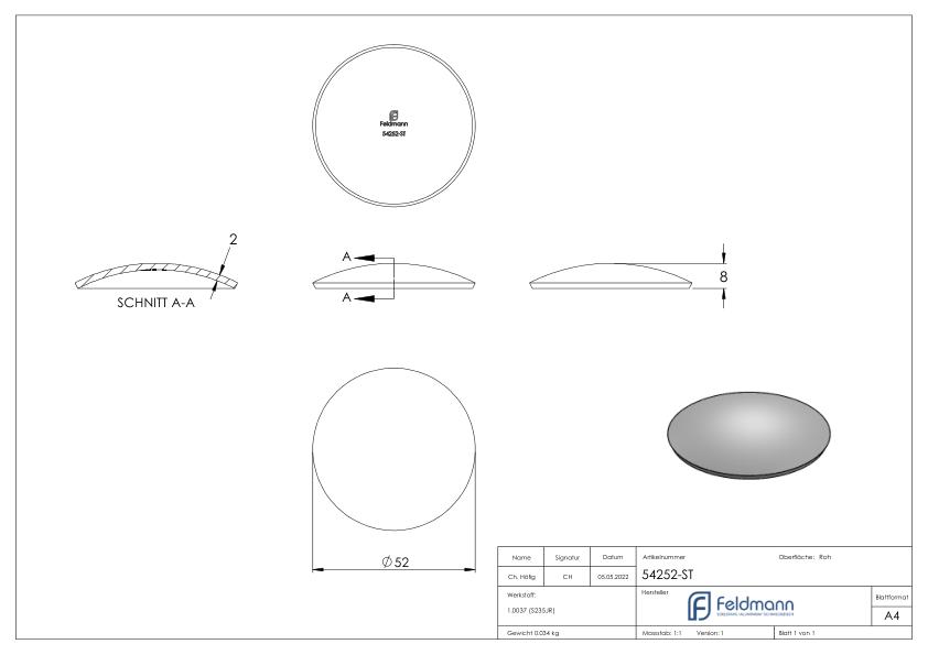 Halbrundschale 52x2,0mm, H: 8mm