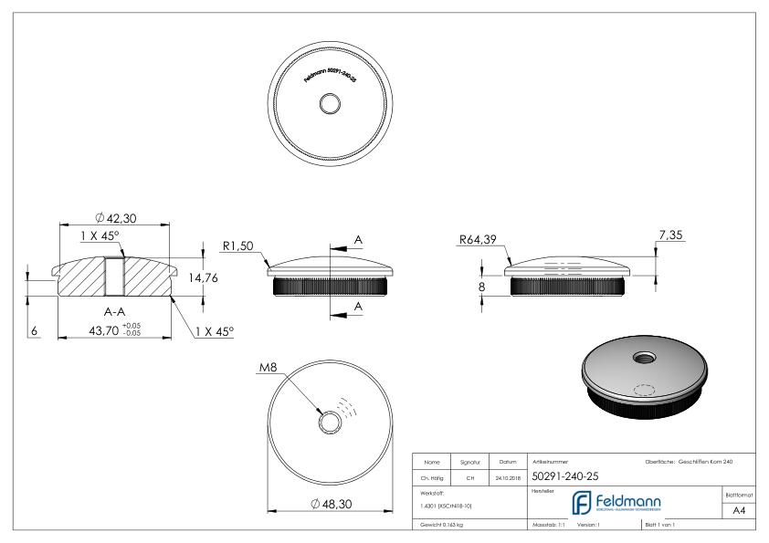 Rohrabschlussstopfen, für Rohr 48,3x2,5mm, V2A