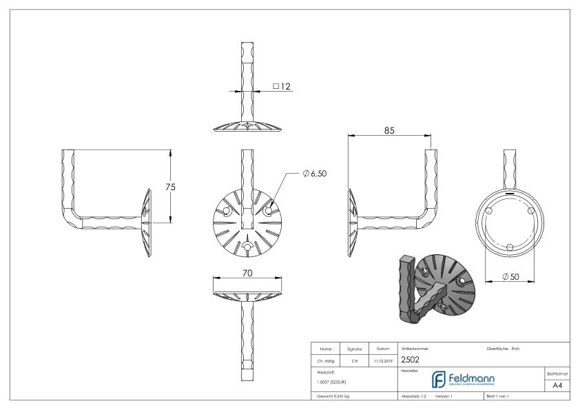 Handlaufträger mit Ronde gewölbt, 70x3mm