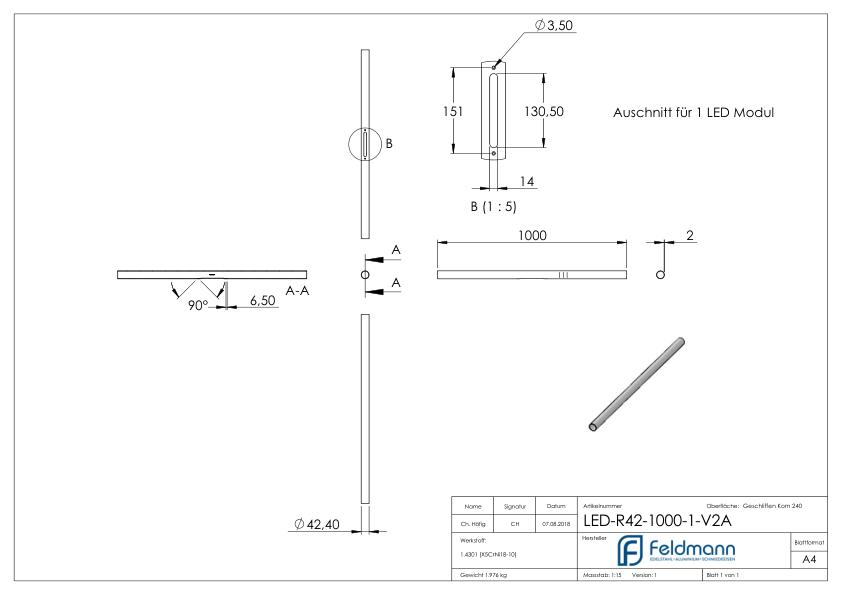 Edelstahlrohr 42,4x2,0mm für LED Module, V2A